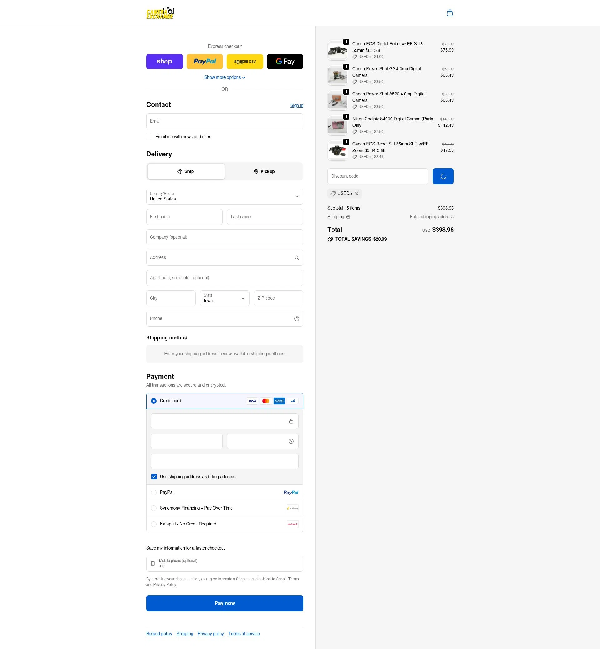 Camera Exchange checkout page showing Camera Exchange discount code box | Screenshot taken by SimplyCodes community member on Jan 18, 2026