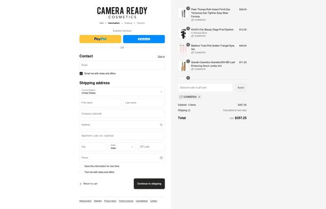 Camera Ready Cosmetics checkout page showing Camera Ready Cosmetics coupon code box | Screenshot taken by SimplyCodes community member on Sep 12, 2025