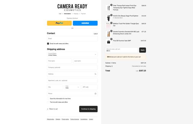 Camera Ready Cosmetics checkout page showing Camera Ready Cosmetics coupon code box | Screenshot taken by SimplyCodes community member on Sep 8, 2025