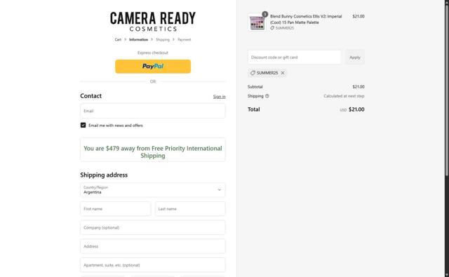 Camera Ready Cosmetics checkout page showing Camera Ready Cosmetics coupon code box | Screenshot taken by SimplyCodes community member on Sep 15, 2025