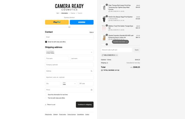 Camera Ready Cosmetics checkout page showing Camera Ready Cosmetics coupon code box | Screenshot taken by SimplyCodes community member on Sep 12, 2025