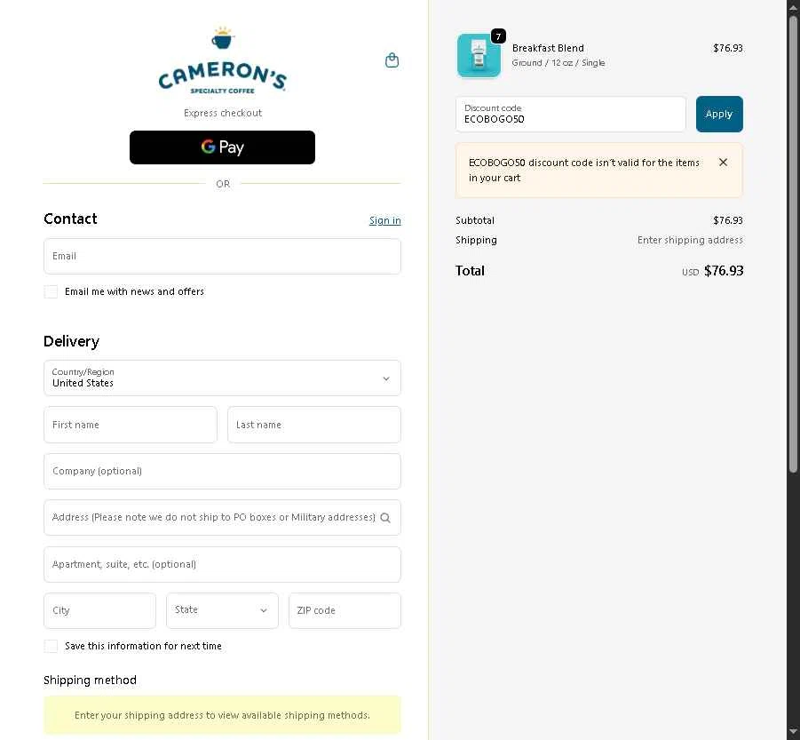 Cameron's Coffee checkout page showing Cameron's Coffee promo code box | Screenshot taken by SimplyCodes community member on Nov 20, 2025