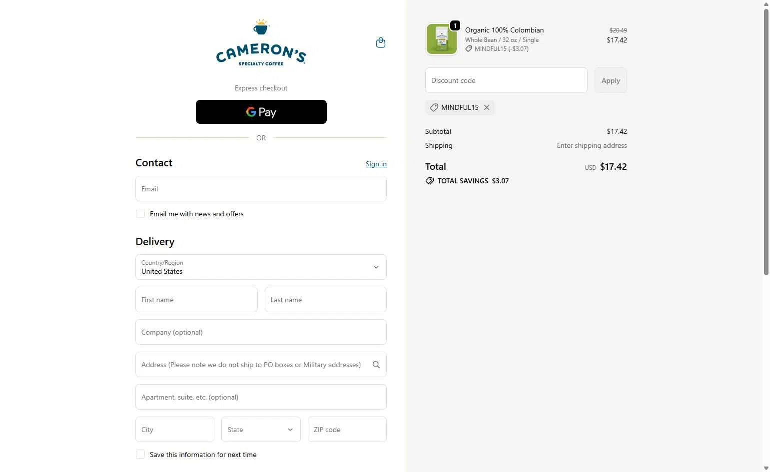 Cameron's Coffee checkout page showing Cameron's Coffee promo code box | Screenshot taken by SimplyCodes community member on Jan 9, 2026
