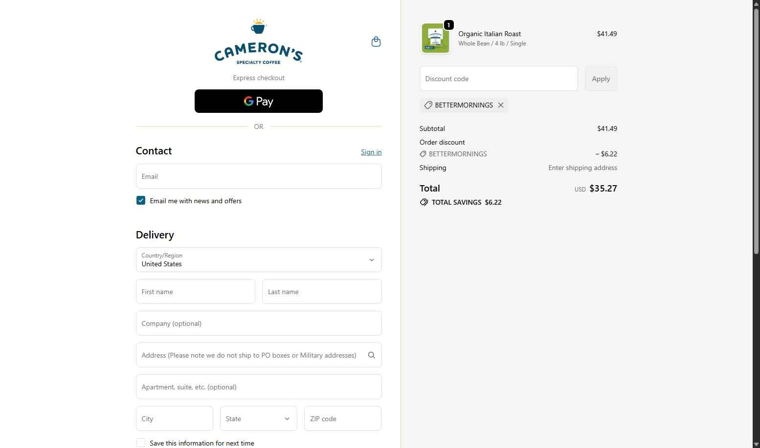 Cameron's Coffee checkout page showing Cameron's Coffee promo code box | Screenshot taken by SimplyCodes community member on Nov 26, 2025