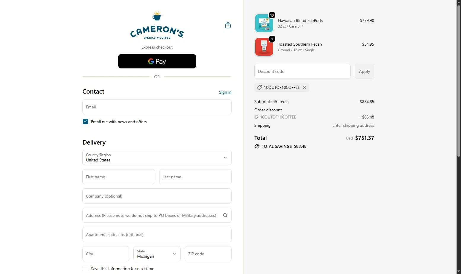 Cameron's Coffee checkout page showing Cameron's Coffee promo code box | Screenshot taken by SimplyCodes community member on Dec 9, 2025