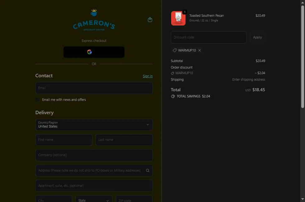 Cameron's Coffee checkout page showing Cameron's Coffee promo code box | Screenshot taken by SimplyCodes community member on Jan 21, 2026