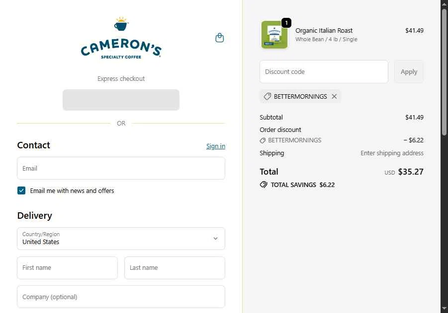 Cameron's Coffee checkout page showing Cameron's Coffee promo code box | Screenshot taken by SimplyCodes community member on Jan 22, 2026