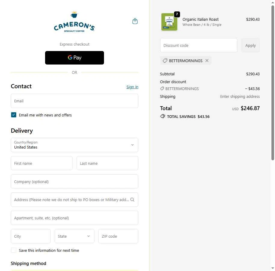 Cameron's Coffee checkout page showing Cameron's Coffee promo code box | Screenshot taken by SimplyCodes community member on Jan 29, 2026