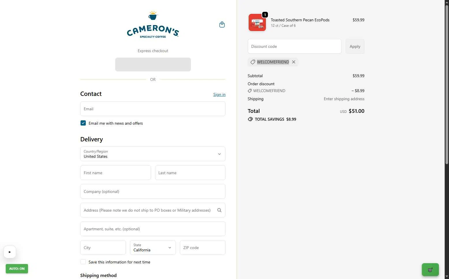 Cameron's Coffee checkout page showing Cameron's Coffee promo code box | Screenshot taken by SimplyCodes community member on Jan 29, 2026