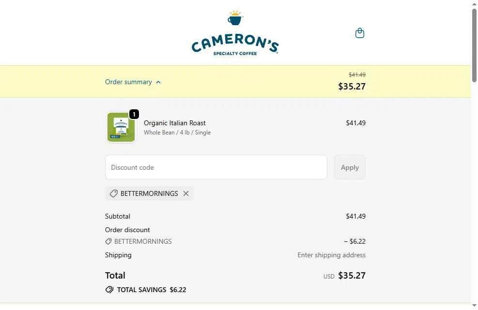 Cameron's Coffee checkout page showing Cameron's Coffee promo code box | Screenshot taken by SimplyCodes community member on Nov 18, 2025