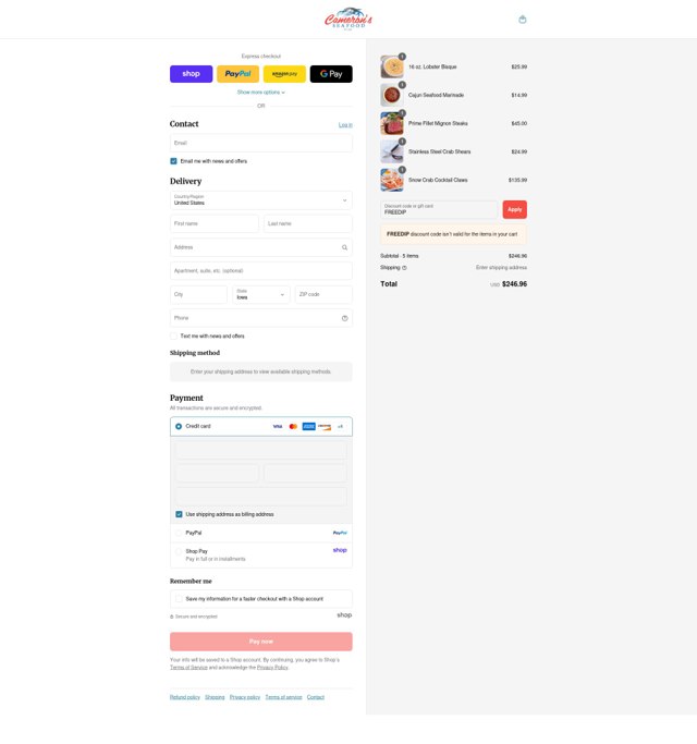 Cameron's Seafood checkout page showing Cameron's Seafood coupon code box | Screenshot taken by SimplyCodes community member on Sep 6, 2025