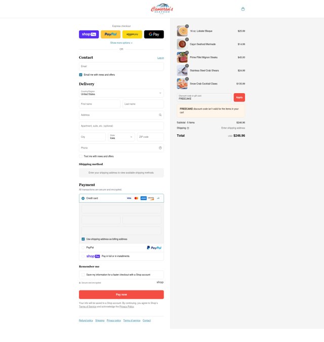 Cameron's Seafood checkout page showing Cameron's Seafood coupon code box | Screenshot taken by SimplyCodes community member on Aug 11, 2025
