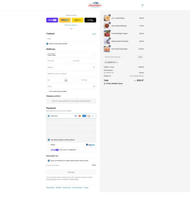 Cameron's Seafood checkout page showing Cameron's Seafood coupon code box | Screenshot taken by SimplyCodes community member on Aug 11, 2025
