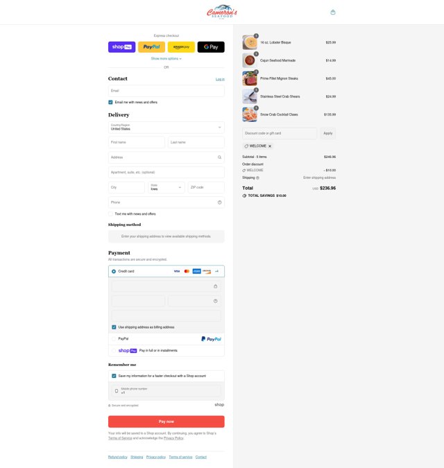 Cameron's Seafood checkout page showing Cameron's Seafood coupon code box | Screenshot taken by SimplyCodes community member on Aug 11, 2025