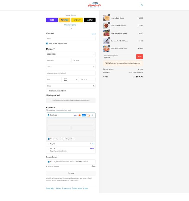 Cameron's Seafood checkout page showing Cameron's Seafood coupon code box | Screenshot taken by SimplyCodes community member on Aug 29, 2025