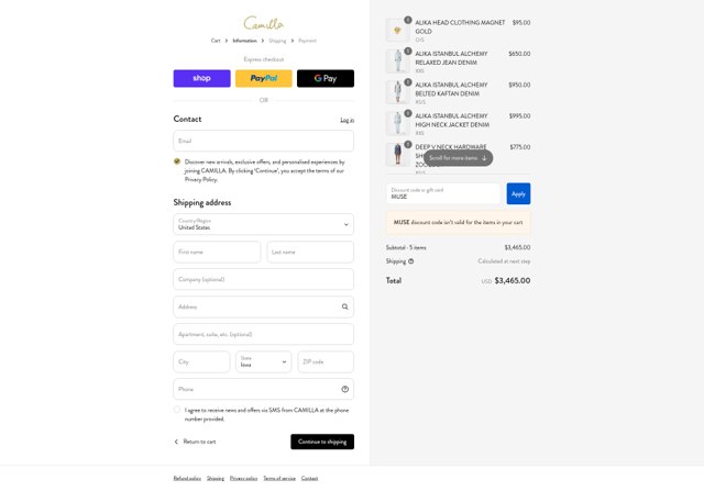 Camilla checkout page showing Camilla promo code box | Screenshot taken by SimplyCodes community member on Aug 28, 2025