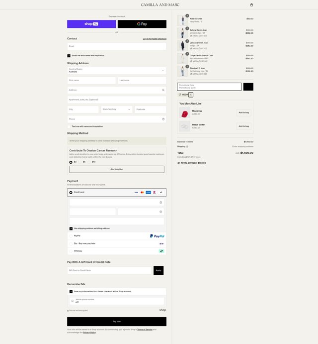 Camilla and Marc checkout page showing Camilla and Marc promo code box | Screenshot taken by SimplyCodes community member on Feb 4, 2025