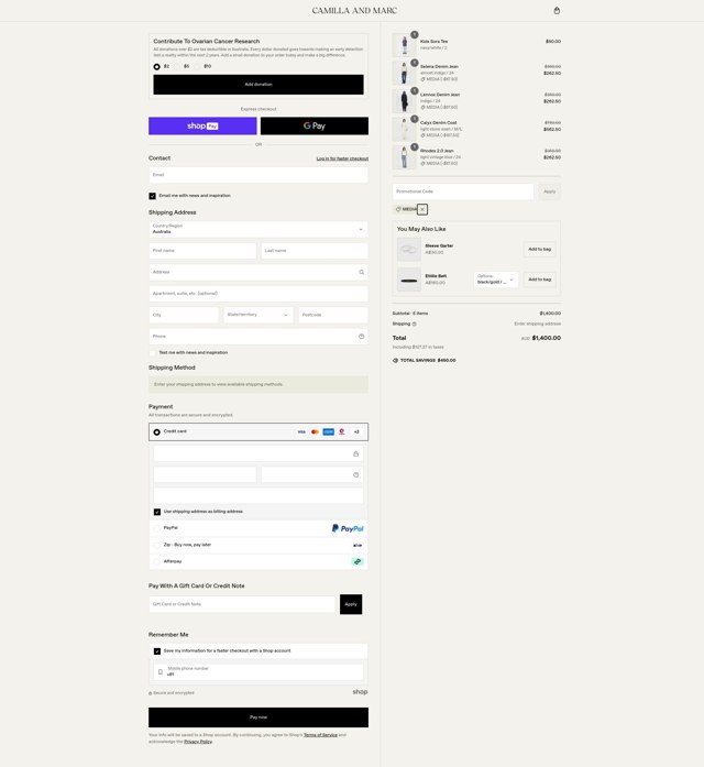 Camilla and Marc checkout page showing Camilla and Marc promo code box | Screenshot taken by SimplyCodes community member on Jan 31, 2025