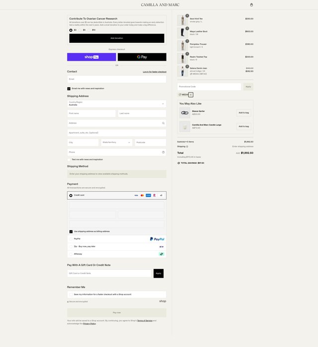 Camilla and Marc checkout page showing Camilla and Marc promo code box | Screenshot taken by SimplyCodes community member on Jan 28, 2025