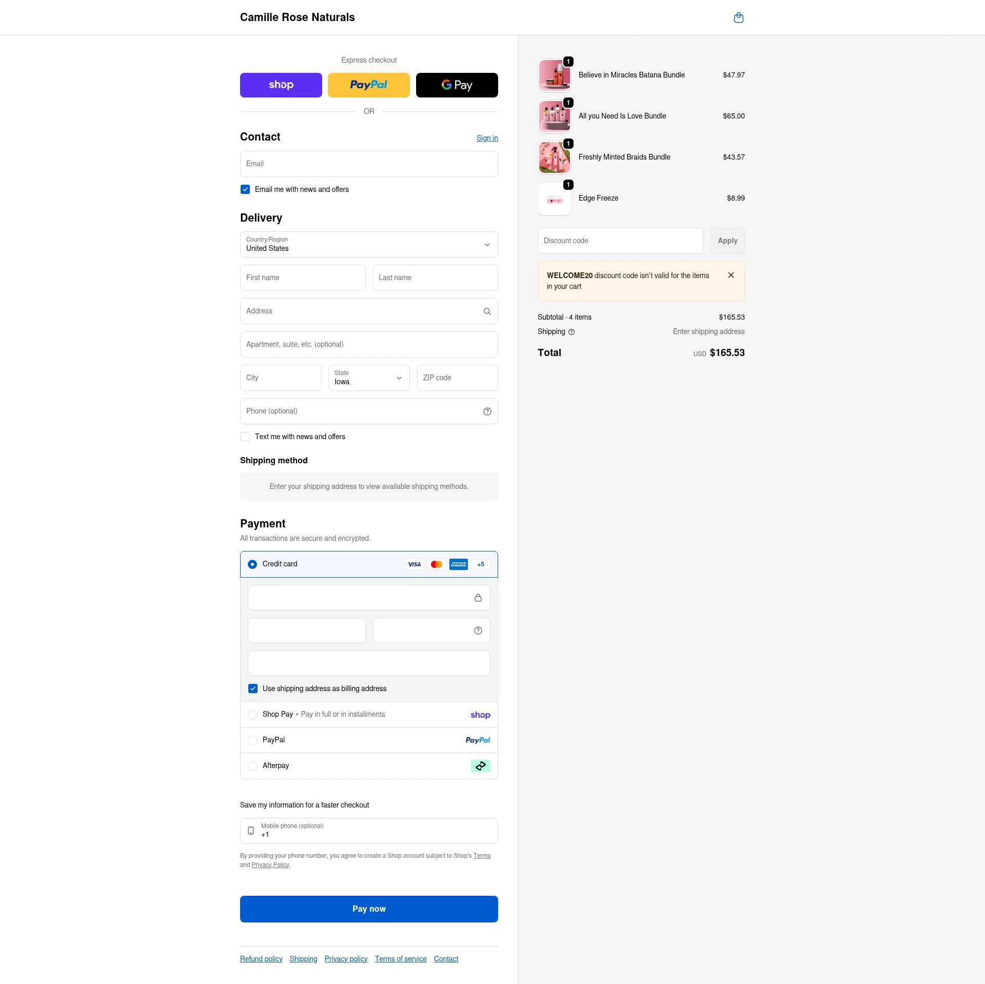 Camille Rose Naturals checkout page showing Camille Rose Naturals coupon code box | Screenshot taken by SimplyCodes community member on Feb 12, 2026