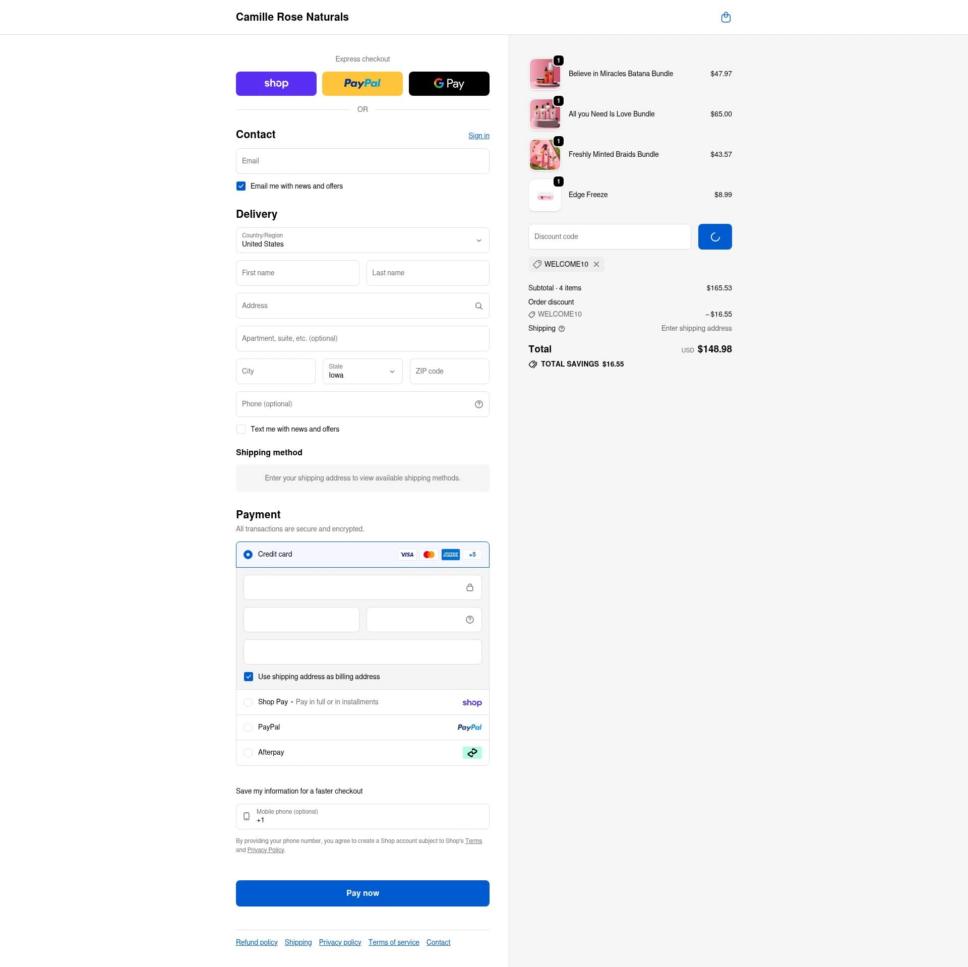 Camille Rose Naturals checkout page showing Camille Rose Naturals coupon code box | Screenshot taken by SimplyCodes community member on Feb 11, 2026