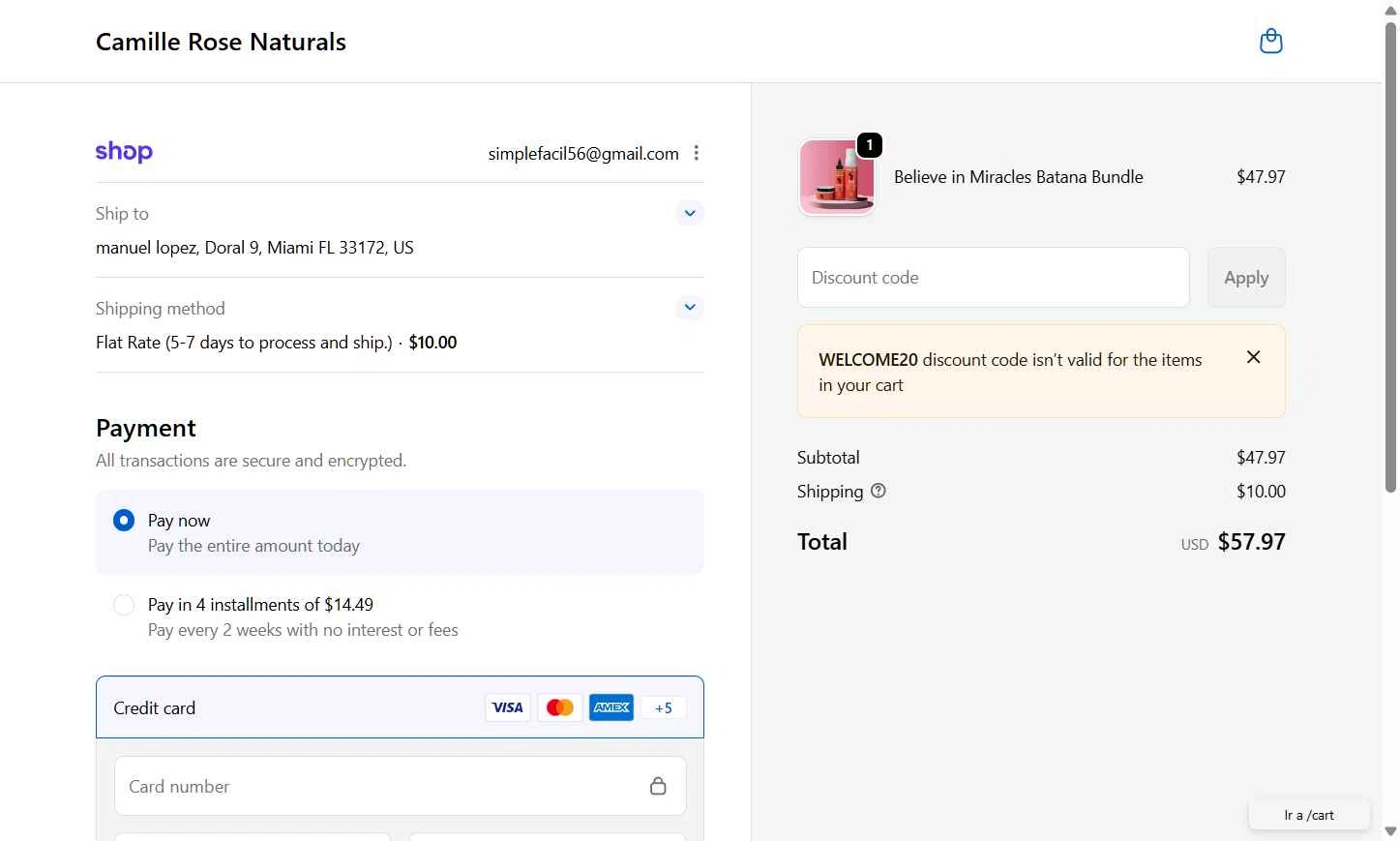 Camille Rose Naturals checkout page showing Camille Rose Naturals coupon code box | Screenshot taken by SimplyCodes community member on Feb 12, 2026