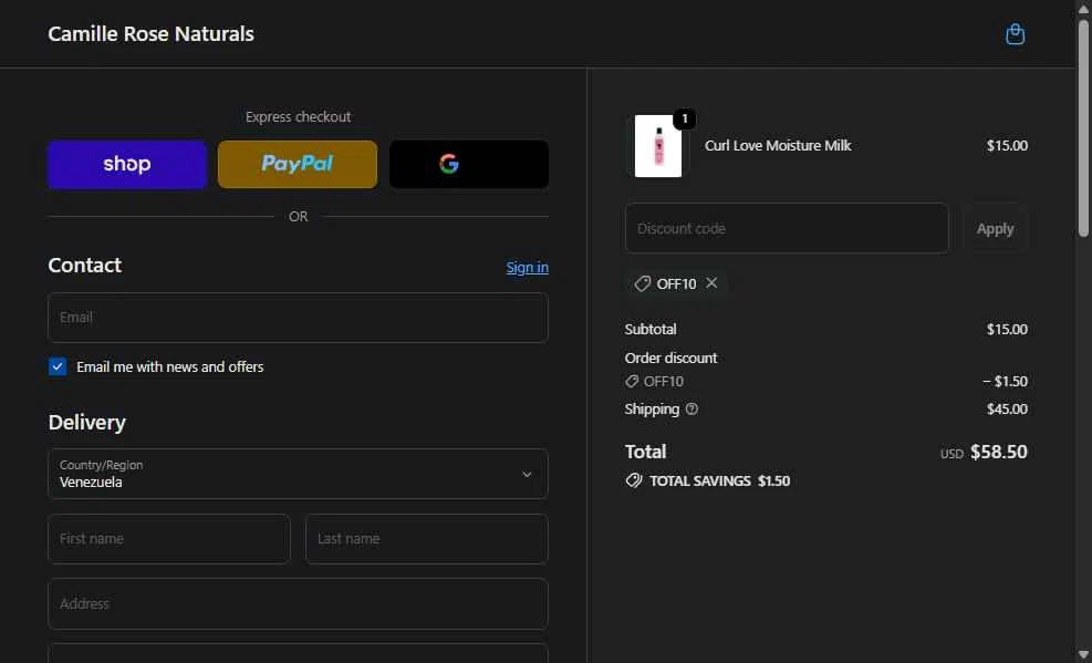 Camille Rose Naturals checkout page showing Camille Rose Naturals coupon code box | Screenshot taken by SimplyCodes community member on Feb 11, 2026