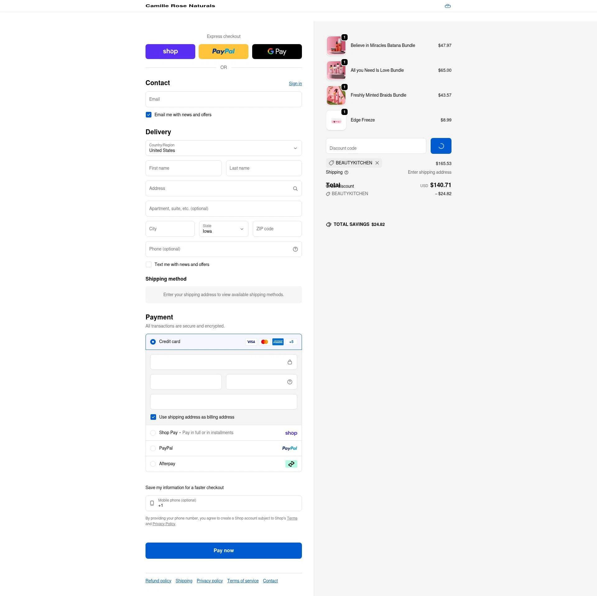 Camille Rose Naturals checkout page showing Camille Rose Naturals coupon code box | Screenshot taken by SimplyCodes community member on Feb 11, 2026