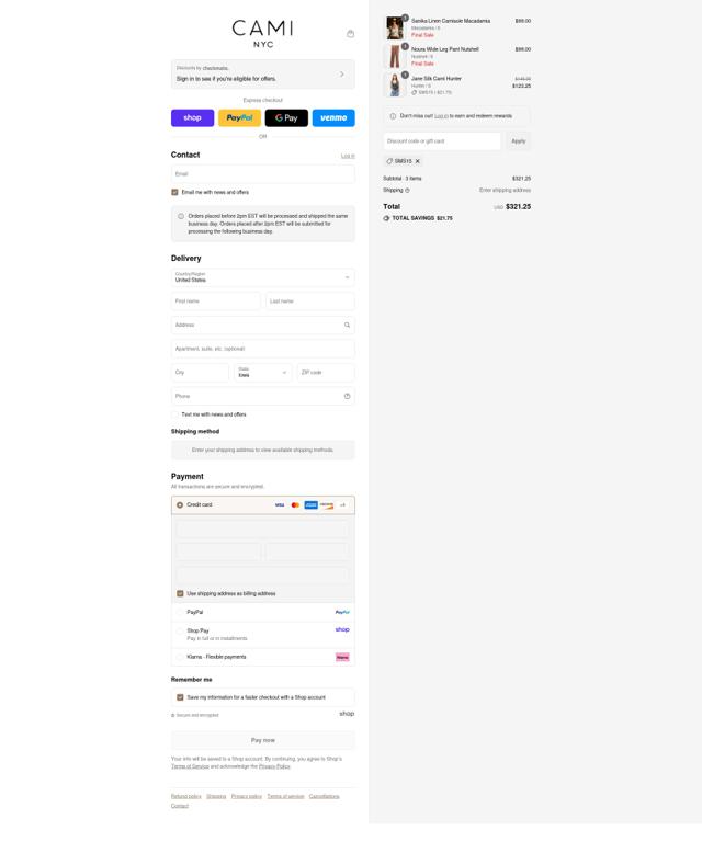 Cami NYC checkout page showing Cami NYC promo code box | Screenshot taken by SimplyCodes community member on Sep 8, 2025