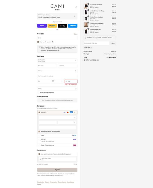 Cami NYC checkout page showing Cami NYC promo code box | Screenshot taken by SimplyCodes community member on Sep 12, 2025