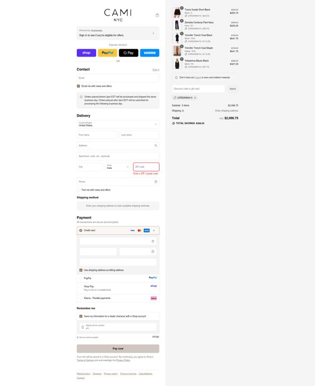 Cami NYC checkout page showing Cami NYC promo code box | Screenshot taken by SimplyCodes community member on Sep 12, 2025