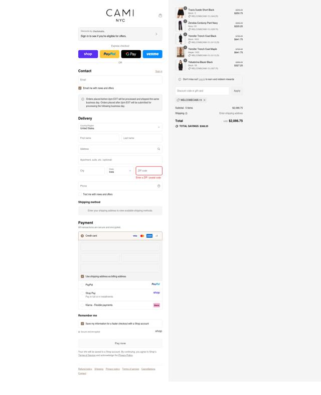 Cami NYC checkout page showing Cami NYC promo code box | Screenshot taken by SimplyCodes community member on Sep 12, 2025