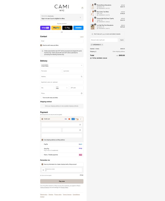 Cami NYC checkout page showing Cami NYC promo code box | Screenshot taken by SimplyCodes community member on Aug 22, 2025