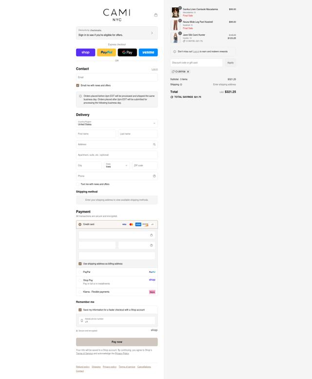 Cami NYC checkout page showing Cami NYC promo code box | Screenshot taken by SimplyCodes community member on Sep 8, 2025
