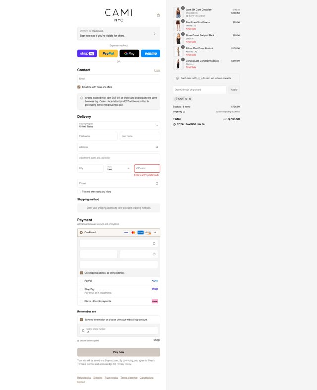 Cami NYC checkout page showing Cami NYC promo code box | Screenshot taken by SimplyCodes community member on Aug 27, 2025