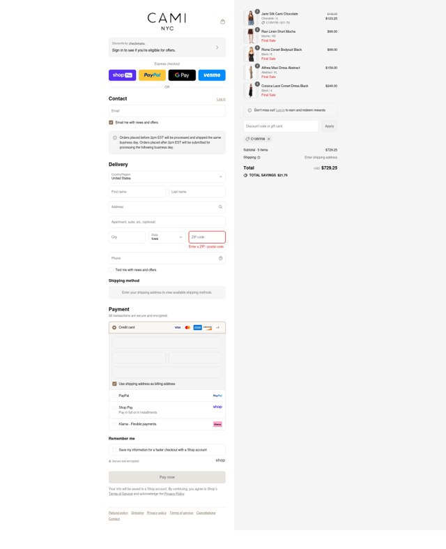 Cami NYC checkout page showing Cami NYC promo code box | Screenshot taken by SimplyCodes community member on Aug 27, 2025
