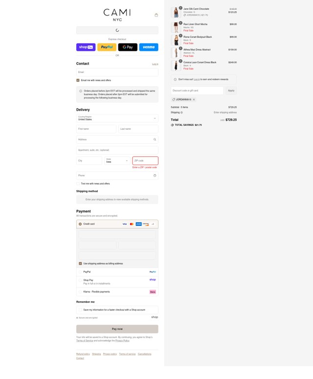 Cami NYC checkout page showing Cami NYC promo code box | Screenshot taken by SimplyCodes community member on Aug 27, 2025