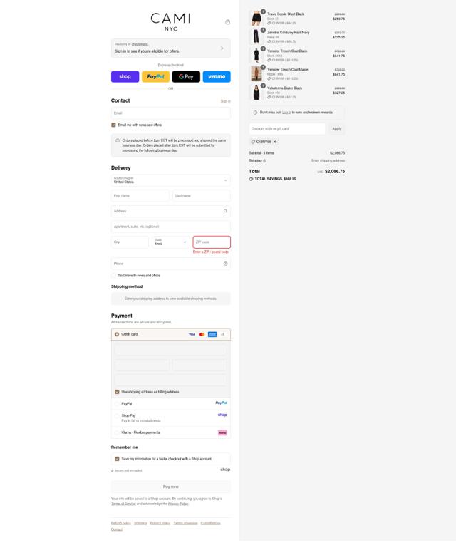 Cami NYC checkout page showing Cami NYC promo code box | Screenshot taken by SimplyCodes community member on Sep 12, 2025