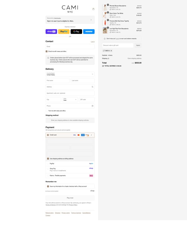 Cami NYC checkout page showing Cami NYC promo code box | Screenshot taken by SimplyCodes community member on Aug 22, 2025