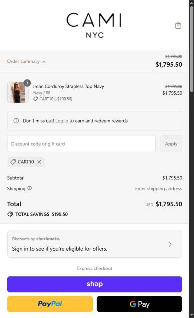 Cami NYC checkout page showing Cami NYC promo code box | Screenshot taken by SimplyCodes community member on Sep 12, 2025