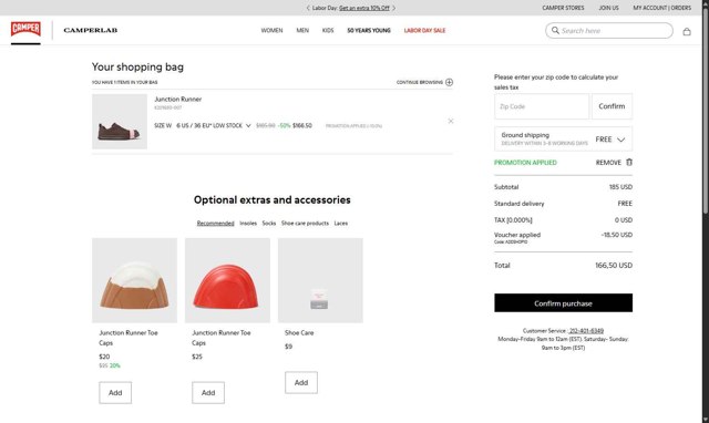 Camper checkout page showing Camper promo code box | Screenshot taken by SimplyCodes community member on Aug 22, 2025