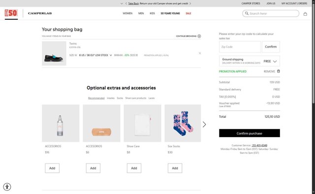 Camper checkout page showing Camper promo code box | Screenshot taken by SimplyCodes community member on Aug 16, 2025