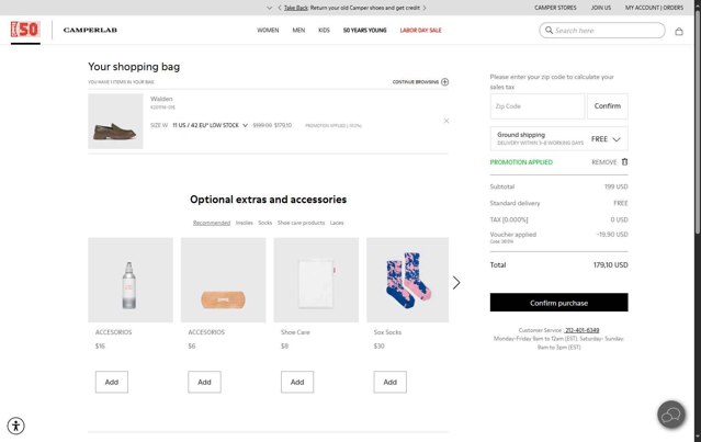 Camper checkout page showing Camper promo code box | Screenshot taken by SimplyCodes community member on Aug 22, 2025