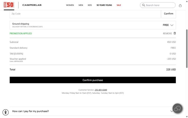 Camper checkout page showing Camper promo code box | Screenshot taken by SimplyCodes community member on Aug 14, 2025