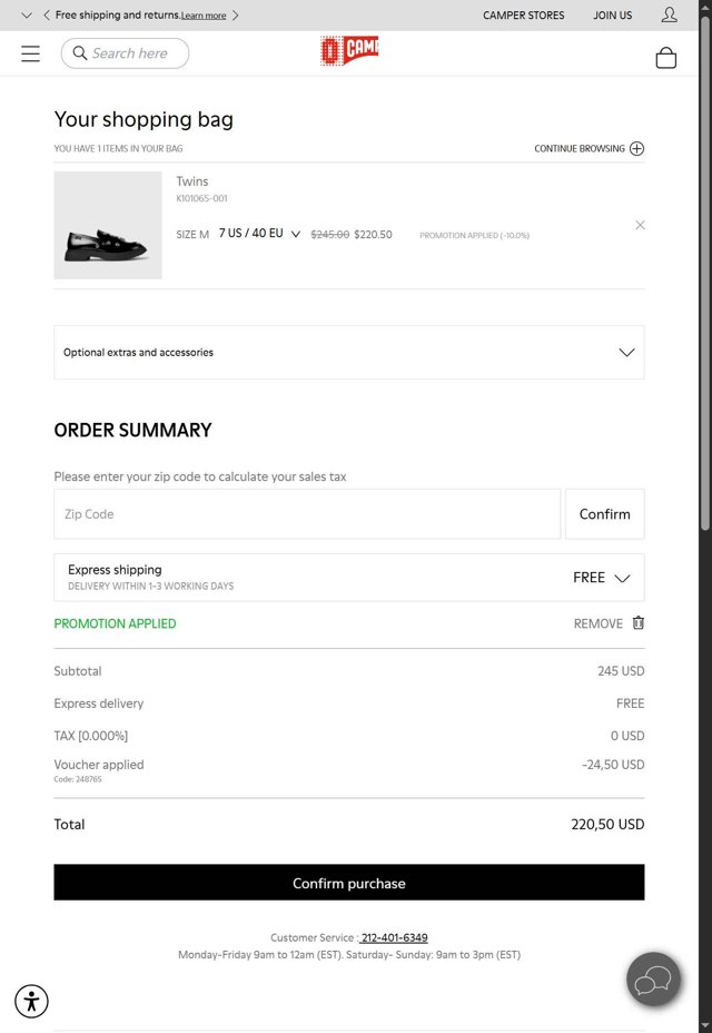 Camper checkout page showing Camper promo code box | Screenshot taken by SimplyCodes community member on Aug 22, 2025