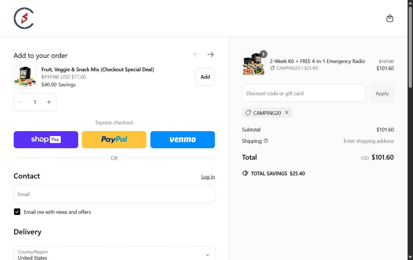 Camping Survival checkout page showing Camping Survival promo code box | Screenshot taken by SimplyCodes community member on Jun 2, 2025