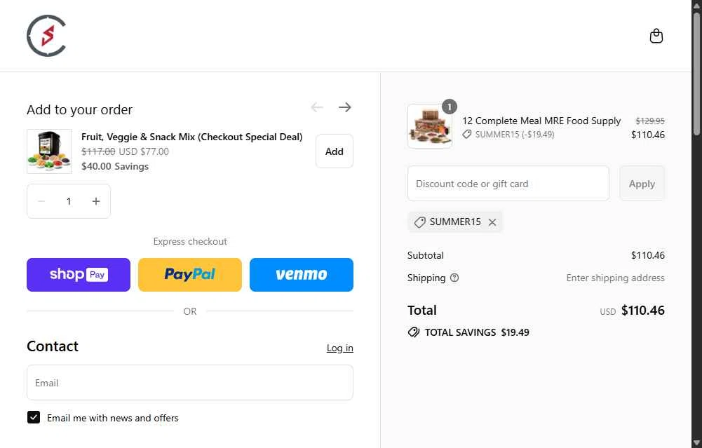 Camping Survival checkout page showing Camping Survival promo code box | Screenshot taken by SimplyCodes community member on Jul 17, 2025