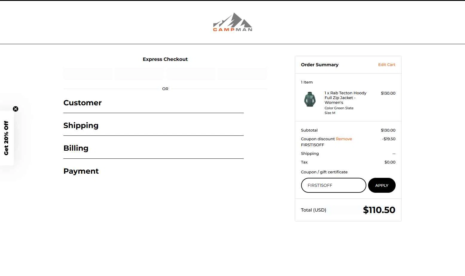 Campman checkout page showing Campman coupon code box | Screenshot taken by SimplyCodes community member on Dec 31, 2025