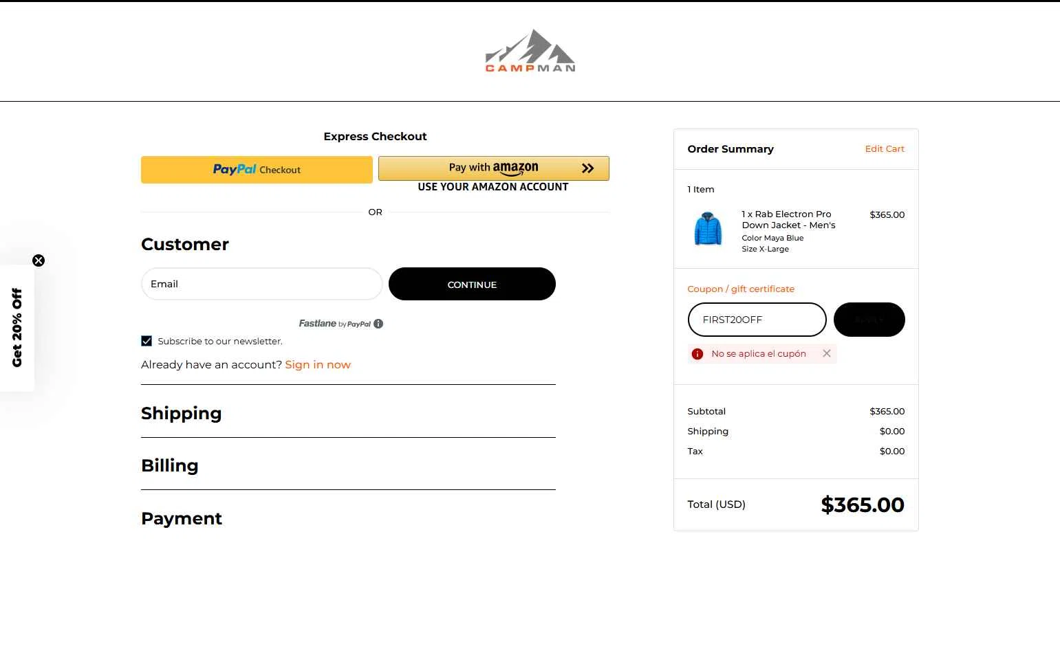 Campman checkout page showing Campman coupon code box | Screenshot taken by SimplyCodes community member on Jan 20, 2026