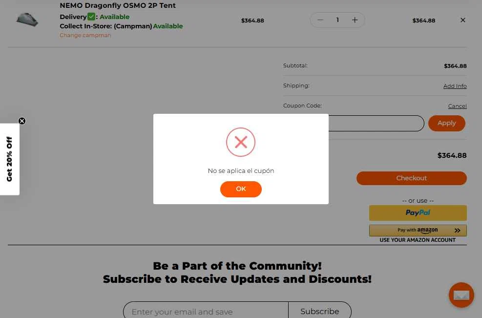 Campman checkout page showing Campman coupon code box | Screenshot taken by SimplyCodes community member on Dec 12, 2025